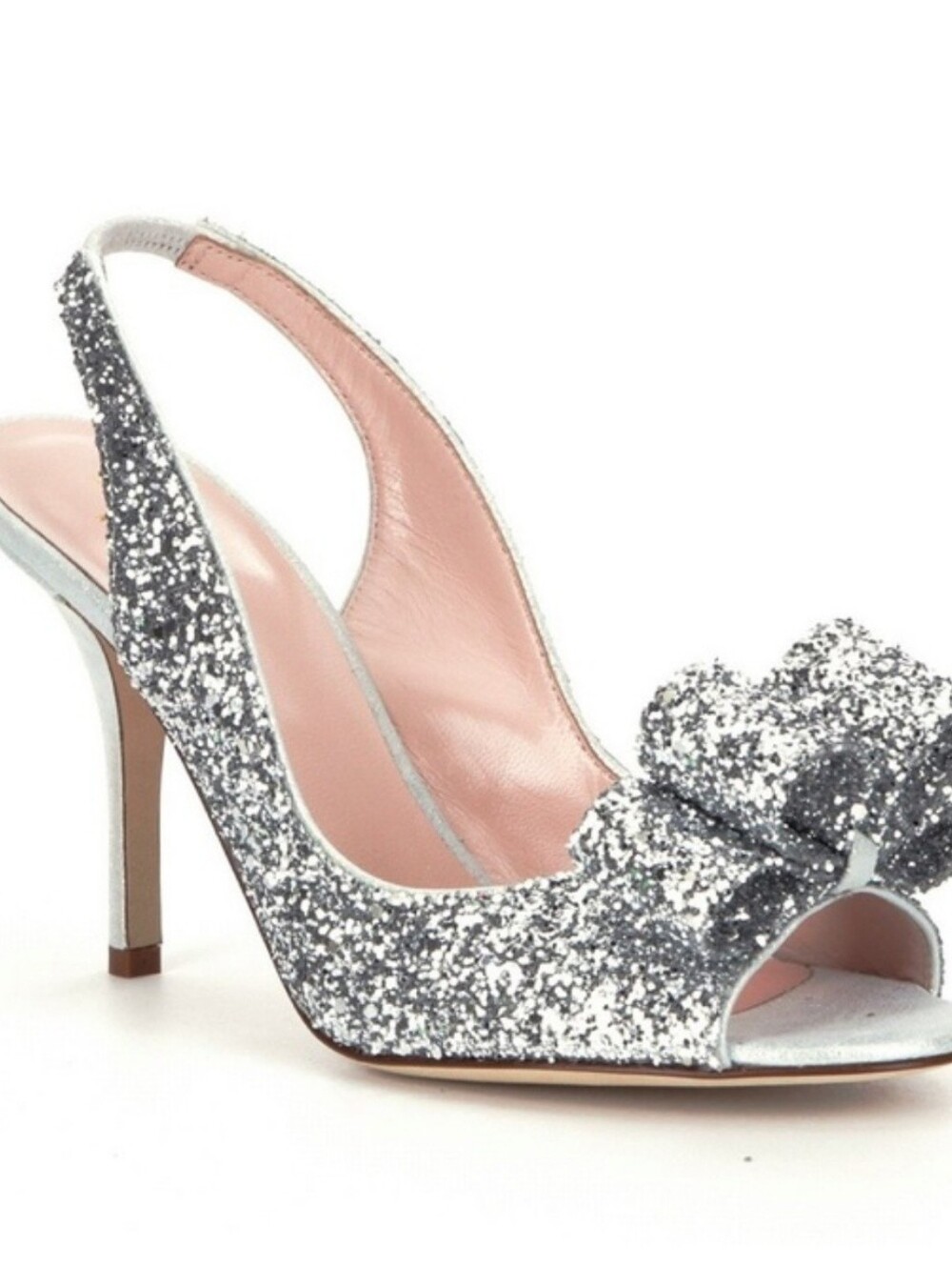kate spade Silver Glitter Peep-Toe Slingback Heels with Bow